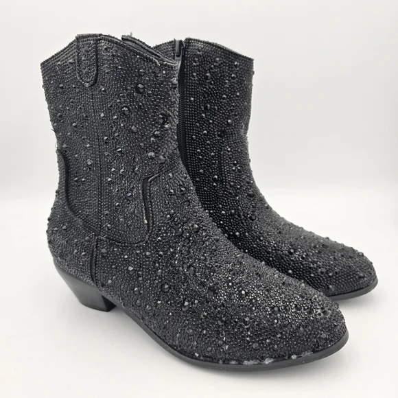 NWT Badgley Mischka Girls’ Sparkly Cowgirl Boots, Black Rhinestones - Picture 2 of 16